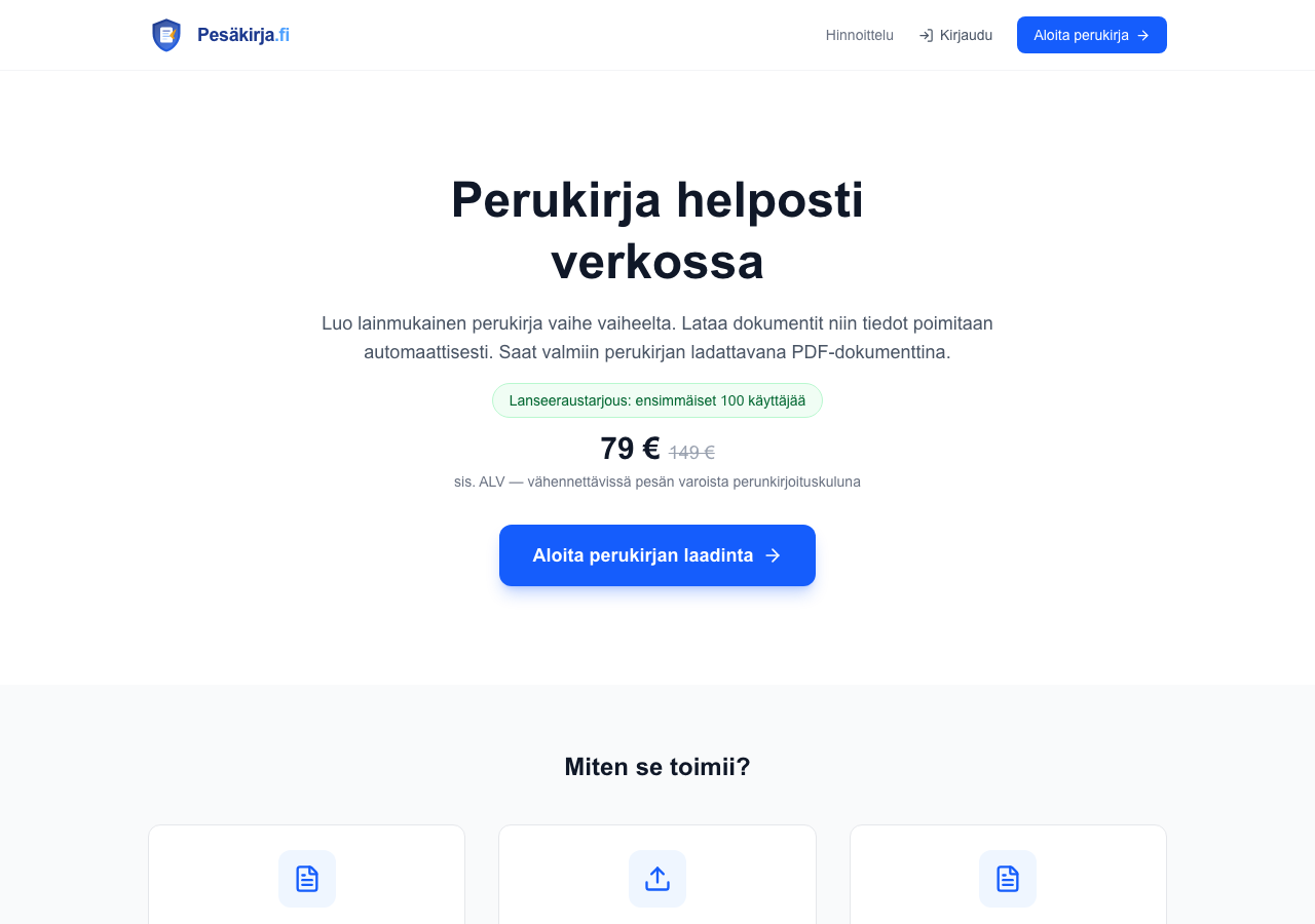 Pesäkirja.fi sovelluksen etusivu